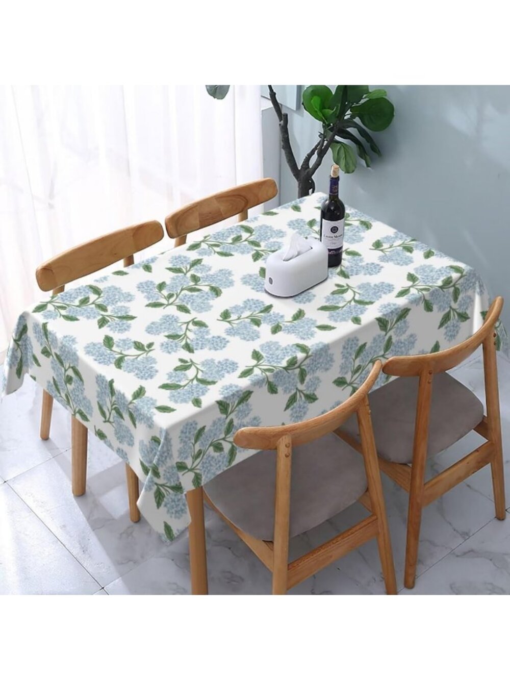 Vintage Floral Tablecloth 60x84” - Blue Hydrangea Design for Summer Dining